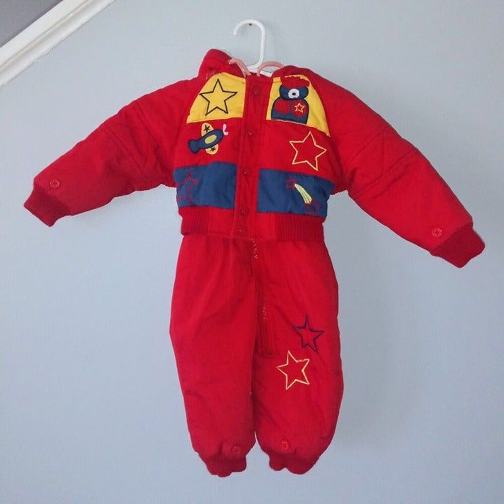 Vintage High Voltage Size 18 Mths Snowsuit-Full Zip-Colorblock-Embroidered-90s